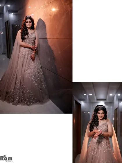 A diptych of the bride's solo portraits in a hallway, showcasing her beautiful gown and elegant poses.