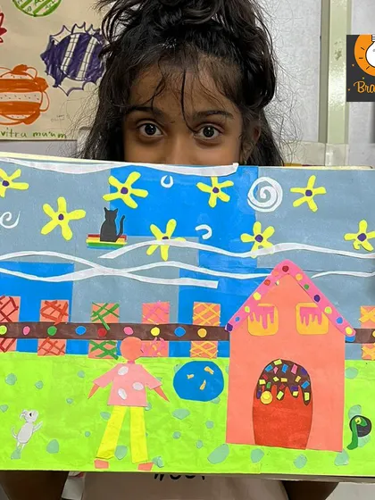A whimsical and imaginative house scene created by one of our talented 8-year-old artists. This piece shows a wonderful sense of storytelling and creative freedom.
