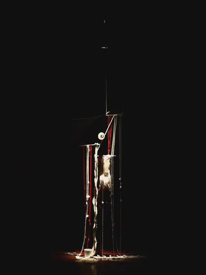A wider shot of the abstract set installation for 'MEDEA'. Creating sound for a non-literal space like this is a great challenge. It's all about building a mood that lets the audience's imagination fill in the blanks.