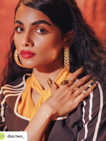 A close-up from the Dos Two photoshoot, showing off the textured gold nails I created to fit the retro, glamorous theme.