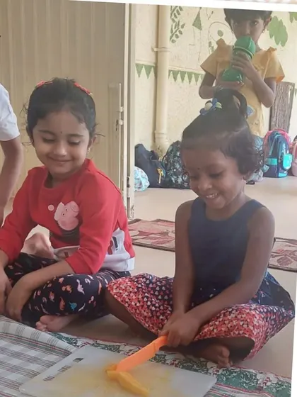 A collage of moments from our mango-themed cooking sessions, where children learned to peel, slice, and prepare delicious mango treats like milkshakes and cheesecake.