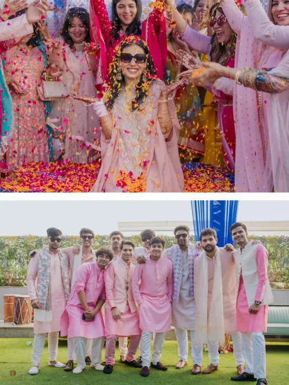 A diptych showing the bride tribe and groom squad. The top shows the bride surrounded by her friends in a shower of flowers, and the bottom shows the groomsmen posing together.