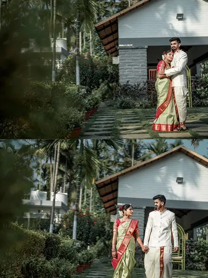 Two romantic portraits of the couple in the beautiful green surroundings of their wedding venue, capturing both an embrace and a walk.