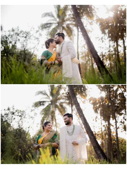 A collage of the couple sharing a kiss and a smile under tall palm trees, bathed in beautiful natural light.