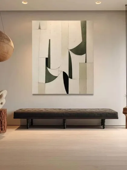 This minimalist abstract piece was commissioned to enhance the serene and natural aesthetic of this entryway. Its clean lines and muted tones create a sense of calm and sophistication, proving that sometimes less is more.