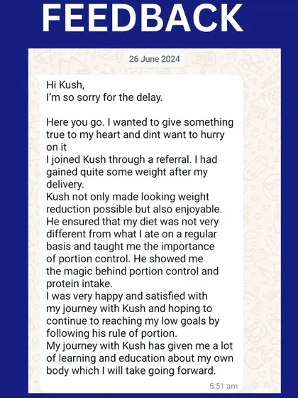 Anamika, a busy working mom from Canada, lost 5.5 kgs post-delivery. She ate home-cooked meals like rice with sambar and roti with dal, learning the magic of portion control and protein intake. Her testimonial shows her satisfaction with the journey.