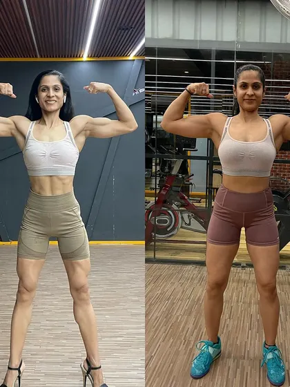 A front-double-biceps pose comparison. On the left, shredded for the stage. On the right, fuller and stronger during a muscle-building phase.