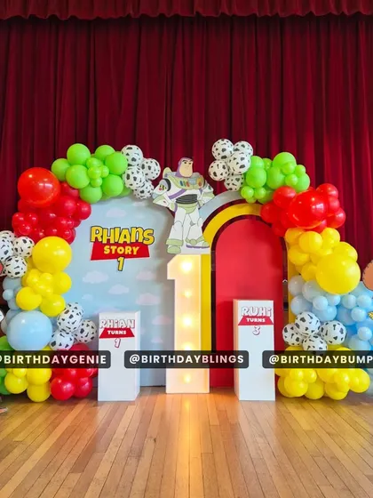 A straight-on view of the Toy Story stage, showing the vibrant colors and fun characters.