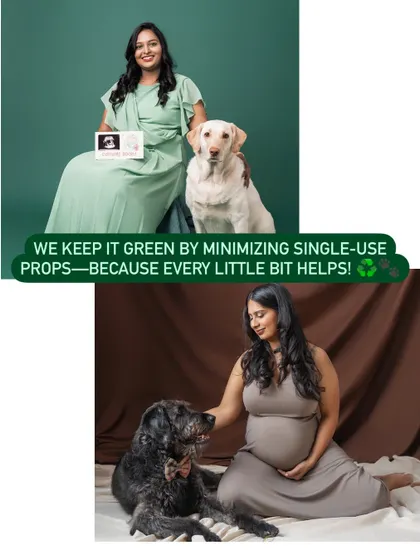This image showcases two different maternity looks, one in a green studio setting and another with a warm brown backdrop, showing the versatility of my studio sessions.