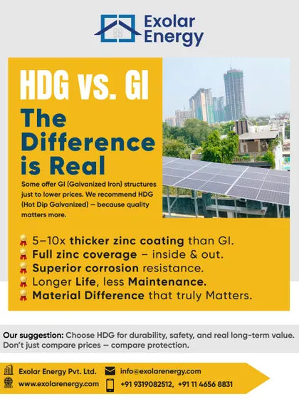 We prioritize quality over cost by using Hot Dip Galvanized (HDG) structures instead of standard Galvanized Iron (GI). HDG offers superior corrosion resistance and a longer lifespan for your investment.