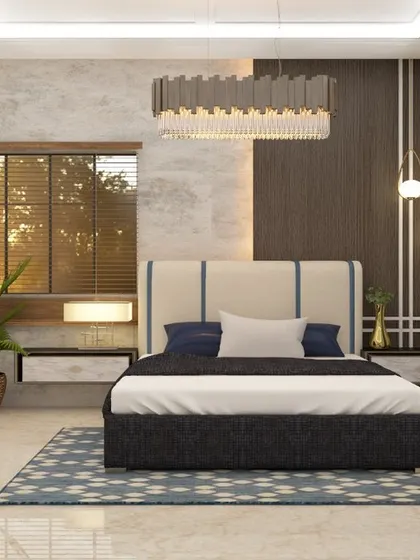 This bedroom design uses a mix of textures, including a concrete-finish wall and dark wood panels, to create a modern industrial look. The crystal chandelier adds an unexpected touch of glamour.