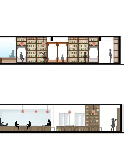 Sectional drawings for the Zara Global School library. The design incorporates reading nooks within the shelving units, creating cozy, intimate spaces for students to engage with books.