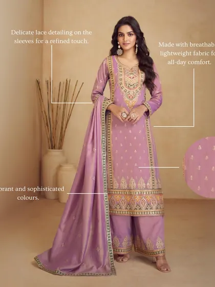 This elegant palazzo set is crafted from a silk-touch fabric. The kurta has delicate prints and neck detailing, paired with coordinating palazzo pants for a comfortable yet sophisticated look.