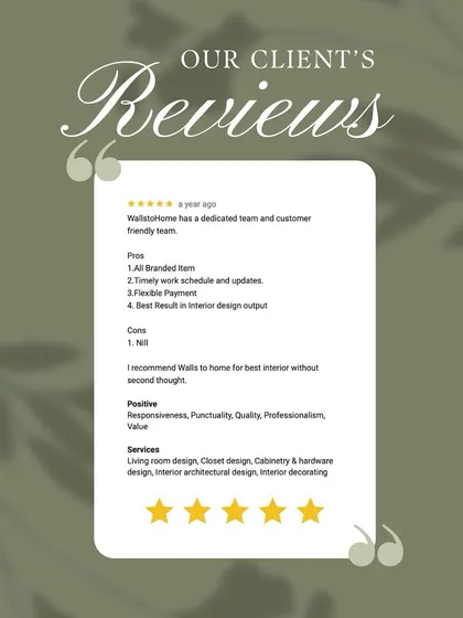 A fantastic review praising our dedicated and customer-friendly team, timely work schedule, and the best results in interior design output.