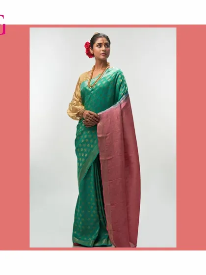 From my 'Aadya' collection, this saree explores the beautiful texture of silk linen. The deep emerald green is woven with subtle motifs and paired with a contrasting dusty rose pallu, creating a look of understated luxury perfect for any special occasion.