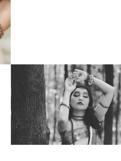 A powerful black and white portrait capturing a moment of quiet strength and grace, part of the Parvati-inspired series.