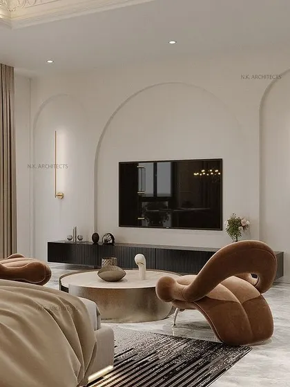 The TV wall in the grand, tranquil bedroom. The use of arches and soft, indirect lighting continues here, creating a cohesive and elegant space that feels both modern and timeless.