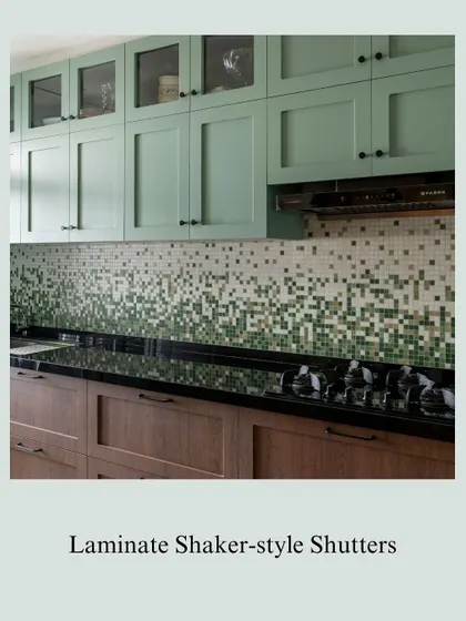 This image showcases shaker-style shutters in a durable laminate finish. This is a practical choice for a busy kitchen, offering the elegance of a classic design with the benefit of being easy to maintain.