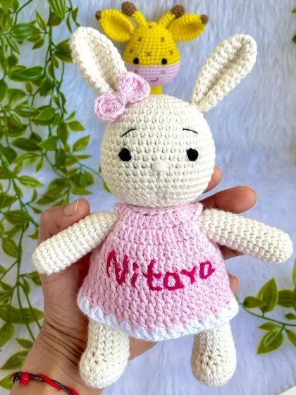 A classic duo, the giraffe and the bunny! This bunny is personalized with the name "Nitaya" on her pink dress. These make a wonderful gift set for a new baby.