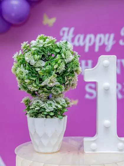 A close-up of the light-up number "1" and a small plant prop, showing the small details that make my setups special.