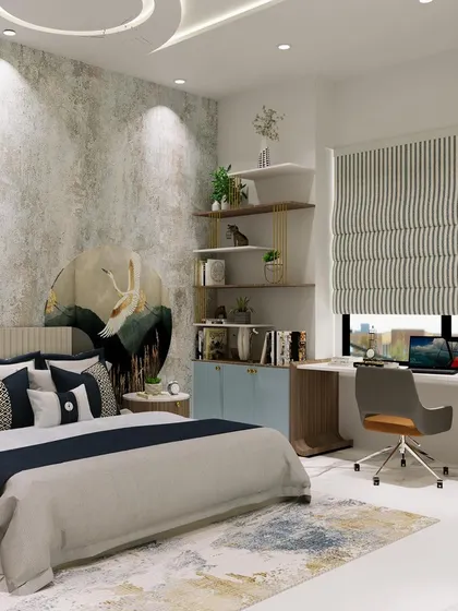 The bedroom features a floating shelf system for books and decor, keeping the workspace organized and stylish.