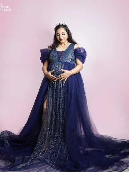 A full-length view of this magnificent blue gown, complete with a delicate tiara. I love helping my clients feel like royalty as they celebrate this magical time.