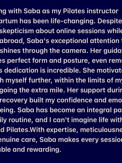 This golden feedback from my overseas client in the USA highlights the power of postnatal Pilates, even online.