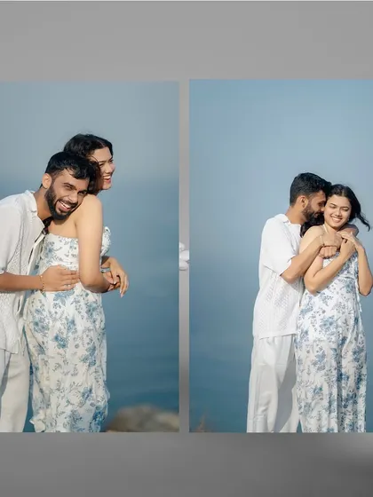 Candid moments from a Goa pre-wedding shoot, capturing the couple's playful interactions and genuine laughter against the backdrop of the sea.