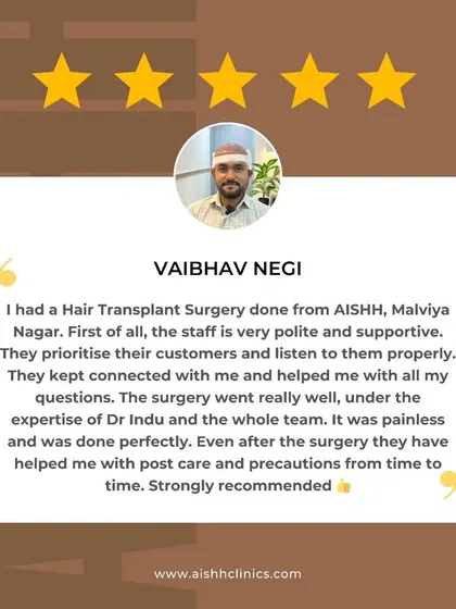 A 5-star review from Vaibhav Negi. He highlights the polite staff, the painless surgery under my expertise, and the excellent post-operative care he received.