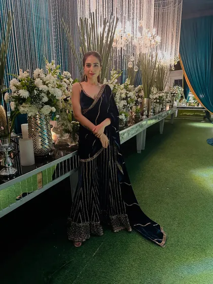 A stunning navy blue velvet sharara set from Sureena Chowdhri. This is my go-to for a winter wedding, as it's both warm and incredibly glamorous.