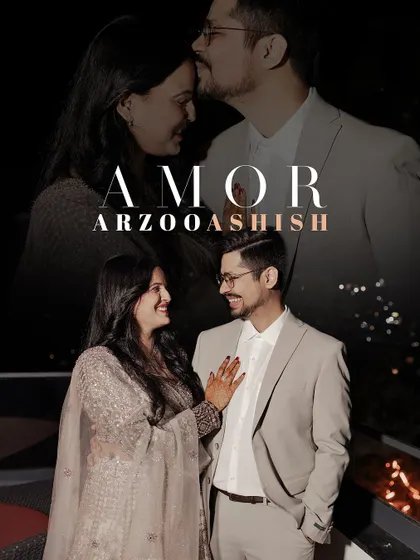 A romantic double exposure combining a close-up embrace with a wider shot against a sparkling city skyline at night. This technique creates a dreamy, layered story within one image.
