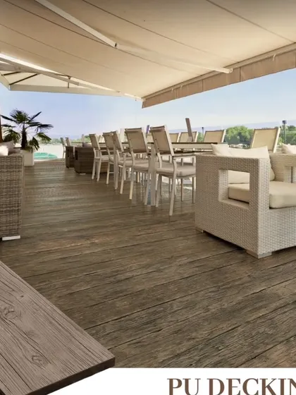 This expansive restaurant terrace uses my PU decking to create a durable and elegant floor for a high-traffic commercial space. The wood-grain texture provides a natural look that is easy to maintain.