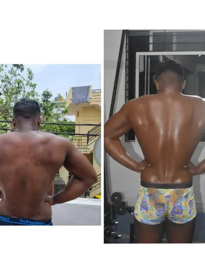 This back-focused transformation shot highlights significant muscle development in the lats and shoulders, creating a stronger, more defined V-taper physique in just one month.