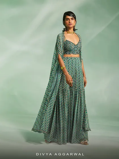 A full view of our green printed lehenga set, an easy-to-wear style that doesn't compromise on glamour.
