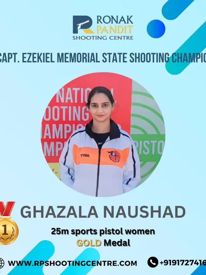 A gold medal for Ghazala Naushad in the 25m sports pistol women event at the 26th Capt. Ezekiel Memorial State Shooting Championship.