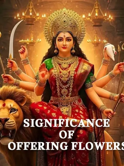 This series of images explains the divine significance of offering flowers in Hindu worship. Each flower carries a unique vibration, and offering them is a way to surrender the ego and invite blessings of peace, strength, and prosperity.