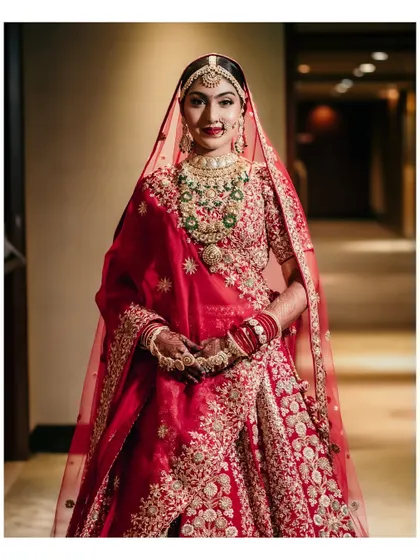 A classic portrait of the bride in her traditional red lehenga, her hands gracefully framing her face. The soft lighting enhances her radiant glow.