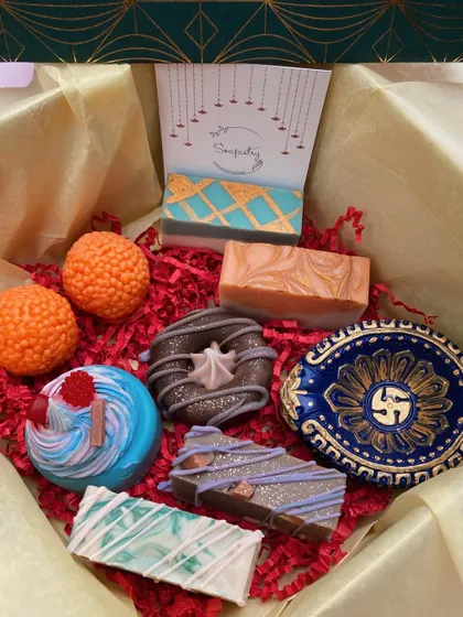 A look inside one of my sold-out Diwali gift boxes. It was filled with an assortment of sweet-themed soaps and festive diyas.