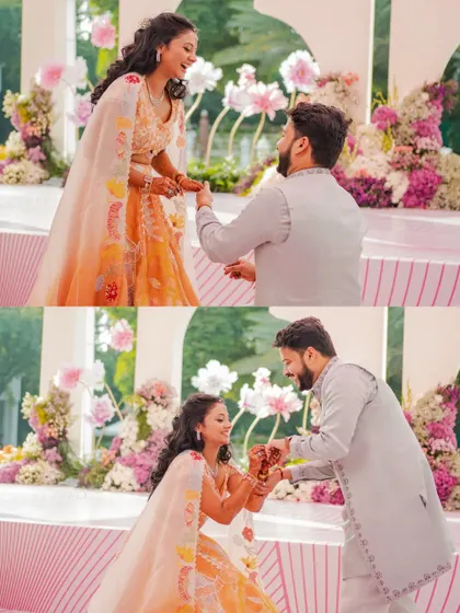 The ring exchange is the pivotal moment of a Roka or engagement. I captured this close-up of Shivank putting the ring on Radhika's finger, a moment filled with joy and promise.