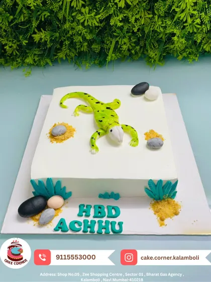 A unique lizard-themed cake for Achhu's birthday. This fun and quirky design is perfect for a kid who loves reptiles.