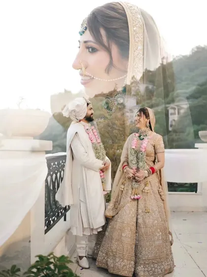 An artistic double exposure combining a portrait of the bride with a wide shot of the couple against the mountain scenery, telling a layered visual story.