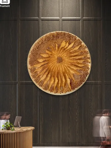 'The Golden Flower' in a corporate reception area. The piece, made from upcycled paper and resin, makes a bold and welcoming statement against the dark wood paneling.