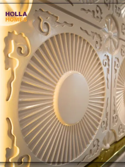 A close-up of the intricate 3D wall panel behind the bed in our Parisian-themed master bedroom. This detail adds a layer of texture and luxury.