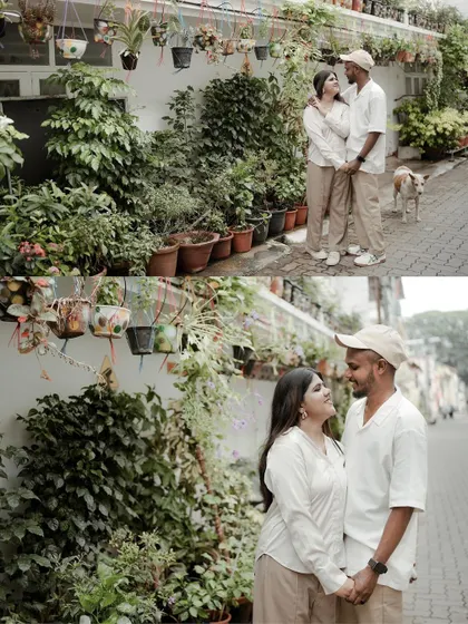 This collage captures different angles of the couple's pre-wedding shoot, showcasing their interaction and the beautiful, green urban setting.