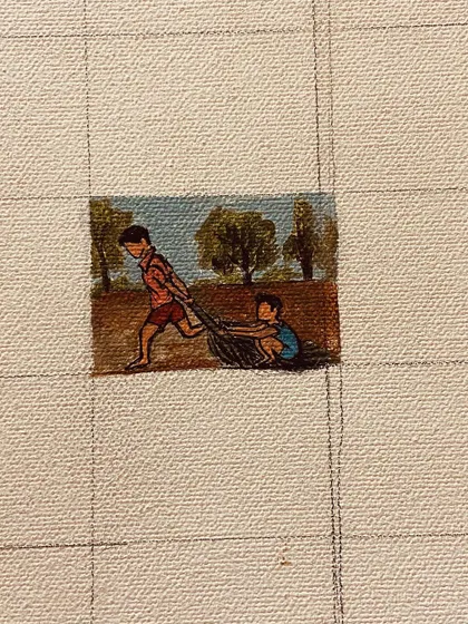 A mini-painting of kids playing in the summer, another piece for the summer theme.