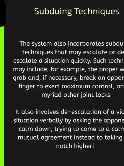The fifth pillar is Subduing Techniques. This includes joint locks, control holds, and verbal de-escalation tactics. The goal is always to control the situation, whether that means escalating or de-escalating the use of force.