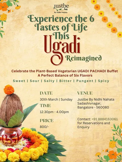Ugadi is a celebration of the six tastes of life, and our "Ugadi Reimagined" buffet brings this beautiful concept to your plate. We offer a plant-based vegetarian Ugadi Pachadi buffet that perfectly balances sweet, sour, salty, bitter, pungent, and spicy flavours.