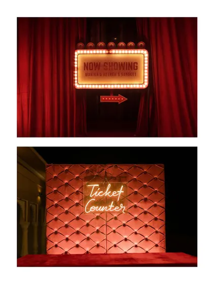A collage highlighting the key thematic elements of the Sangeet entrance: the "Now Showing" sign and the velvet "Ticket Counter."