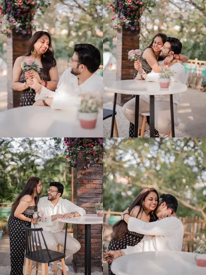 A collage of romantic and playful moments at an outdoor cafe, from sharing flowers to warm hugs, telling a story of their relationship.