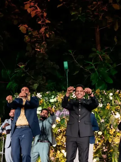 The groomsmen's group showing off their moves. The key is to choose steps that are fun and easy for everyone to remember.